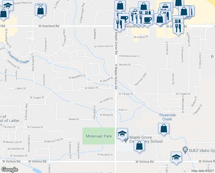 map of restaurants, bars, coffee shops, grocery stores, and more near 9104 West Calico Street in Boise