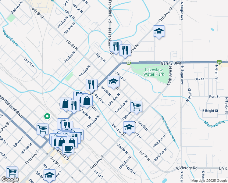 map of restaurants, bars, coffee shops, grocery stores, and more near 1220 5th Street North in Nampa