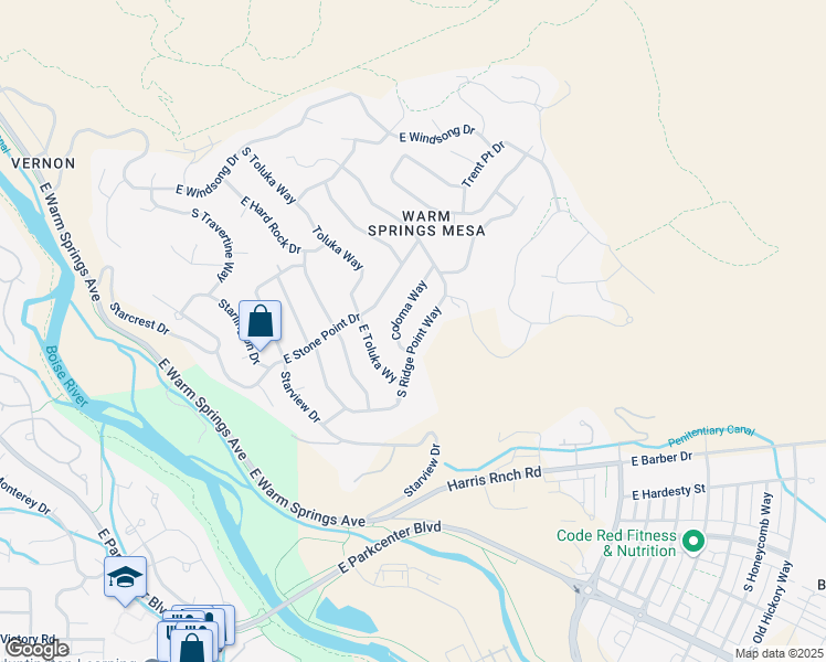 map of restaurants, bars, coffee shops, grocery stores, and more near 2155 South Ridge Point Way in Boise
