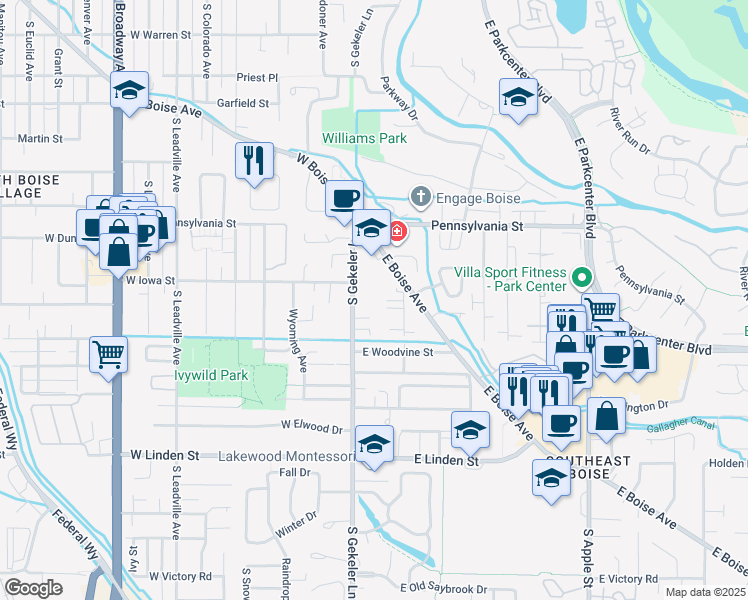 map of restaurants, bars, coffee shops, grocery stores, and more near 22082220 South Gekeler Lane in Boise