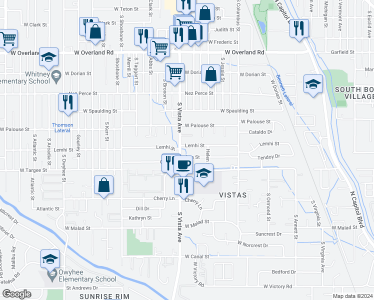 map of restaurants, bars, coffee shops, grocery stores, and more near 2509 Lemhi Street in Boise