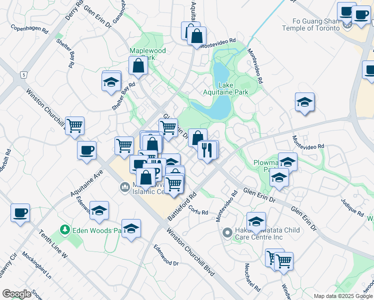 map of restaurants, bars, coffee shops, grocery stores, and more near 6880 Meadowvale Town Centre Circle in Mississauga