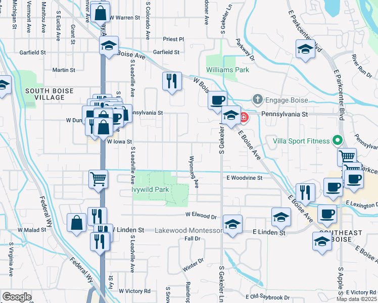 map of restaurants, bars, coffee shops, grocery stores, and more near 2201 Wyoming Avenue in Boise