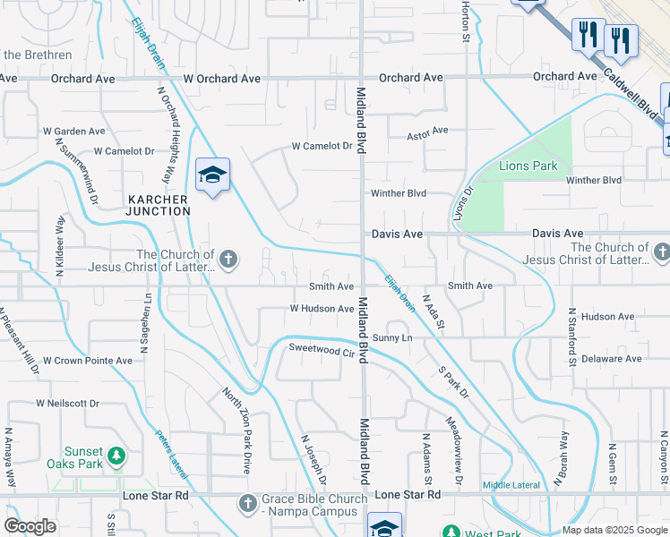 map of restaurants, bars, coffee shops, grocery stores, and more near 1106 Smith Avenue in Nampa