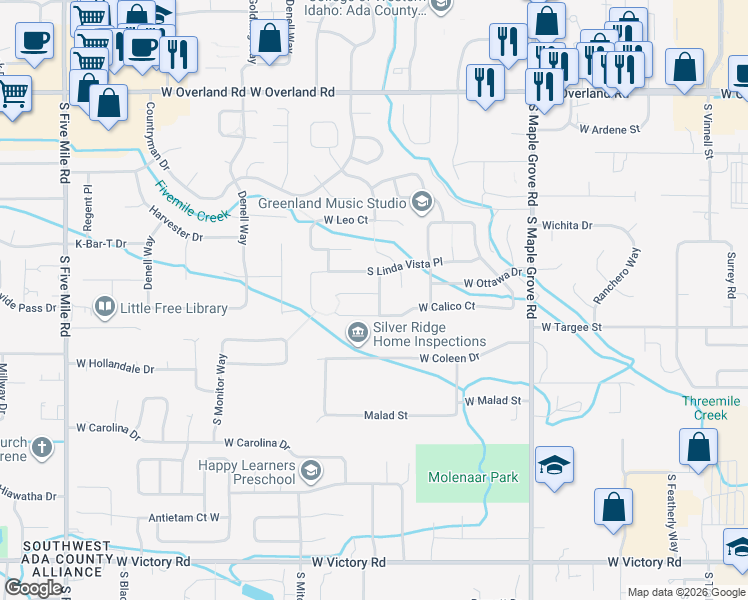 map of restaurants, bars, coffee shops, grocery stores, and more near 2137 South Pebbleside Way in Boise