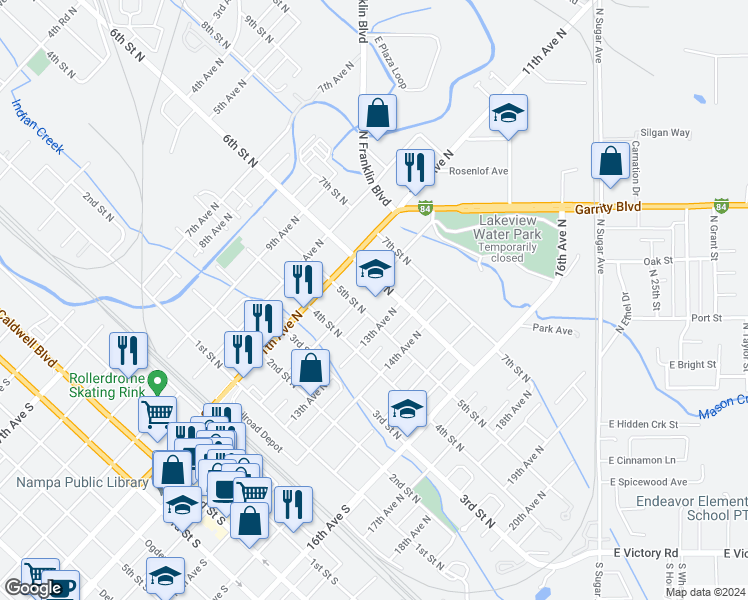 map of restaurants, bars, coffee shops, grocery stores, and more near 1220 5th Street North in Nampa