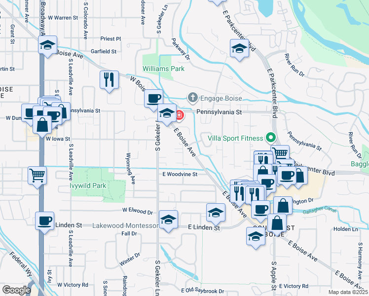 map of restaurants, bars, coffee shops, grocery stores, and more near 205 East Boise Avenue in Boise