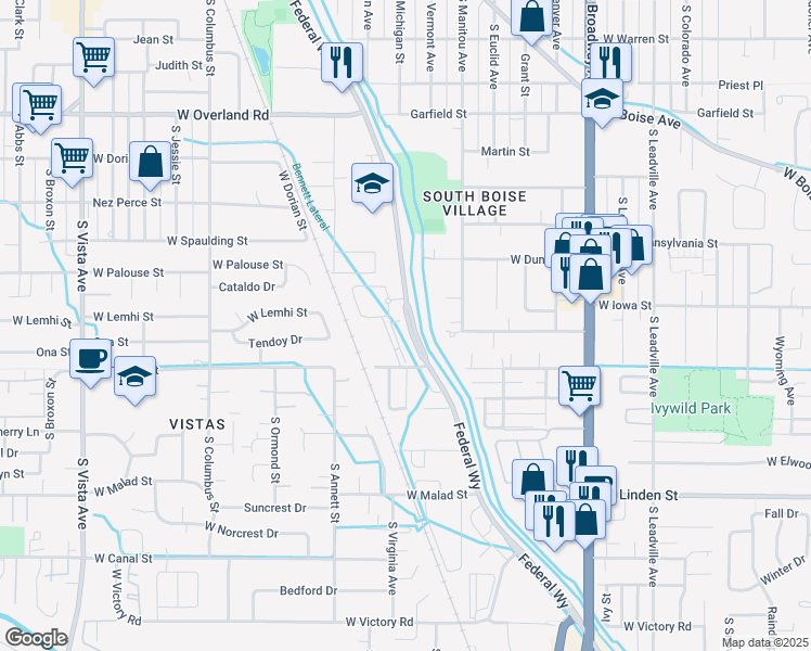 map of restaurants, bars, coffee shops, grocery stores, and more near 2090 South Hudson Avenue in Boise
