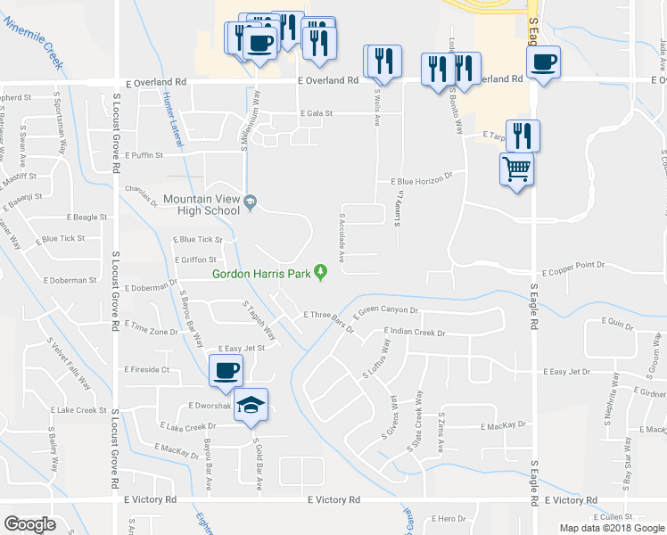 map of restaurants, bars, coffee shops, grocery stores, and more near 2271 South Accolade Avenue in Meridian