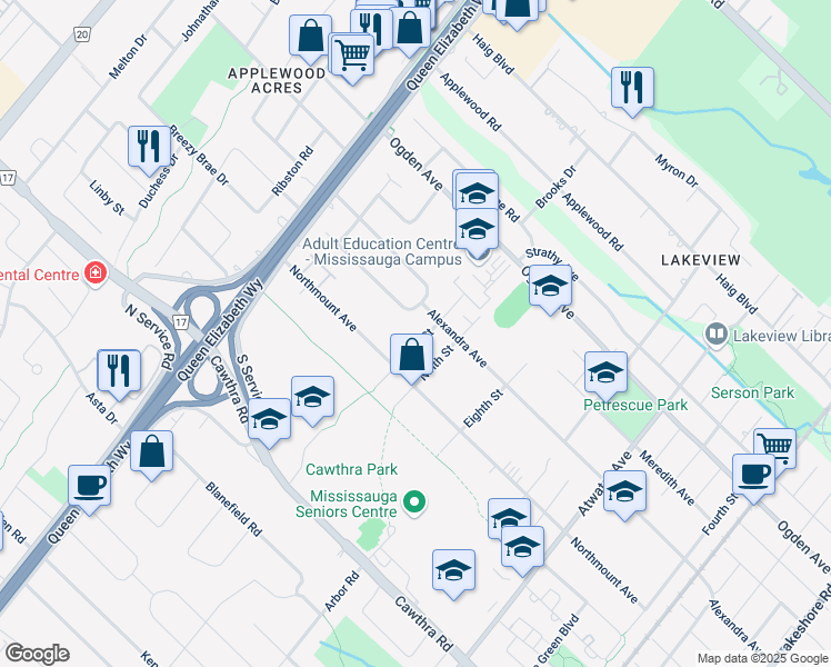 map of restaurants, bars, coffee shops, grocery stores, and more near 907 10th Street in Mississauga