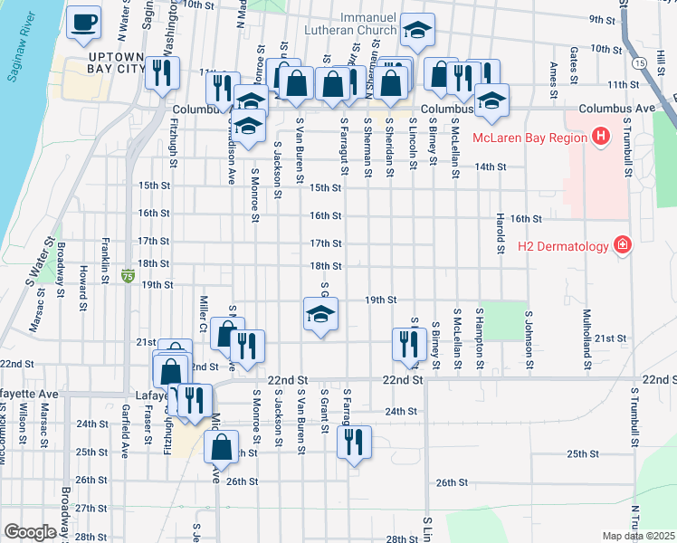 map of restaurants, bars, coffee shops, grocery stores, and more near 1503 18th Street in Bay City