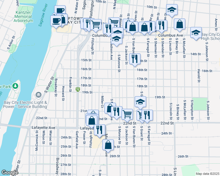 map of restaurants, bars, coffee shops, grocery stores, and more near 700 South Madison Avenue in Bay City