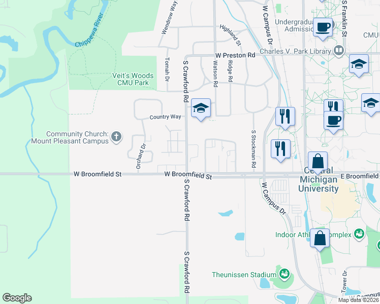 map of restaurants, bars, coffee shops, grocery stores, and more near 1825 South Crawford Road in Mount Pleasant