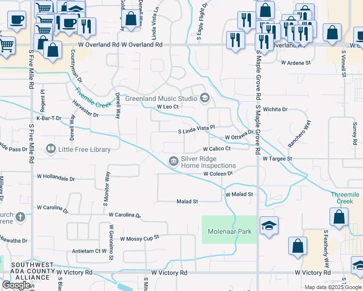 map of restaurants, bars, coffee shops, grocery stores, and more near 2137 South Pebbleside Way in Boise