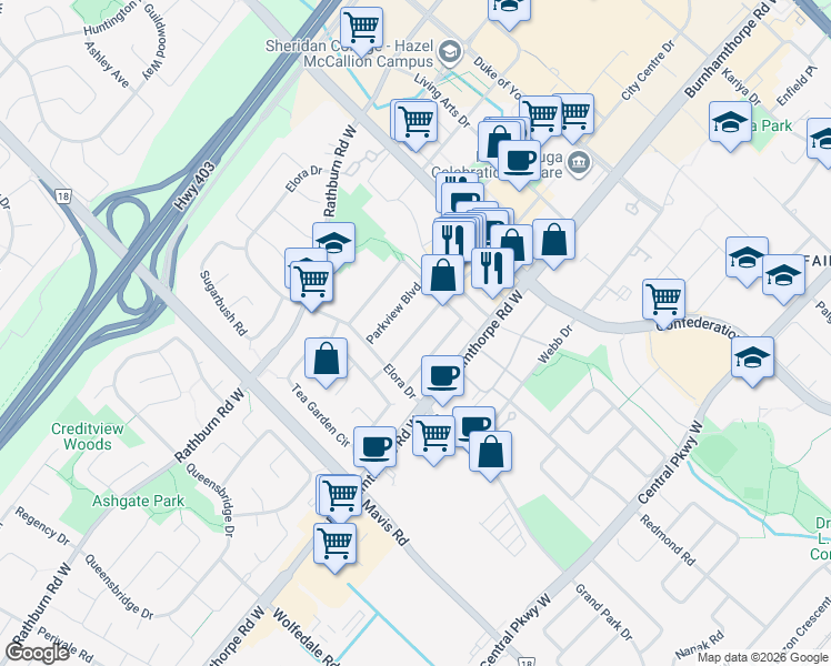 map of restaurants, bars, coffee shops, grocery stores, and more near Turnbridge Road in Mississauga