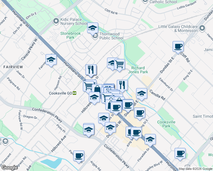 map of restaurants, bars, coffee shops, grocery stores, and more near 3130 Jaguar Valley Drive in Mississauga