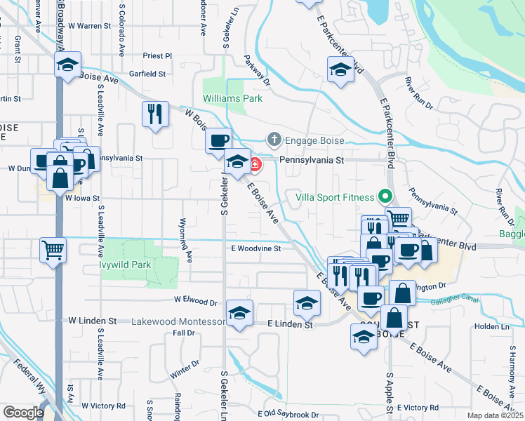 map of restaurants, bars, coffee shops, grocery stores, and more near 205 East Boise Avenue in Boise