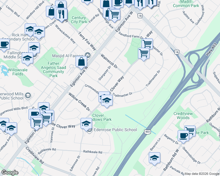 map of restaurants, bars, coffee shops, grocery stores, and more near 967 White Clover Way in Mississauga
