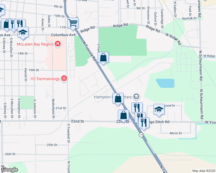map of restaurants, bars, coffee shops, grocery stores, and more near 86 North Tuscola Road in Bay City