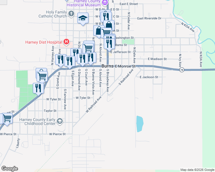 map of restaurants, bars, coffee shops, grocery stores, and more near 242 South Broadway Avenue in Burns