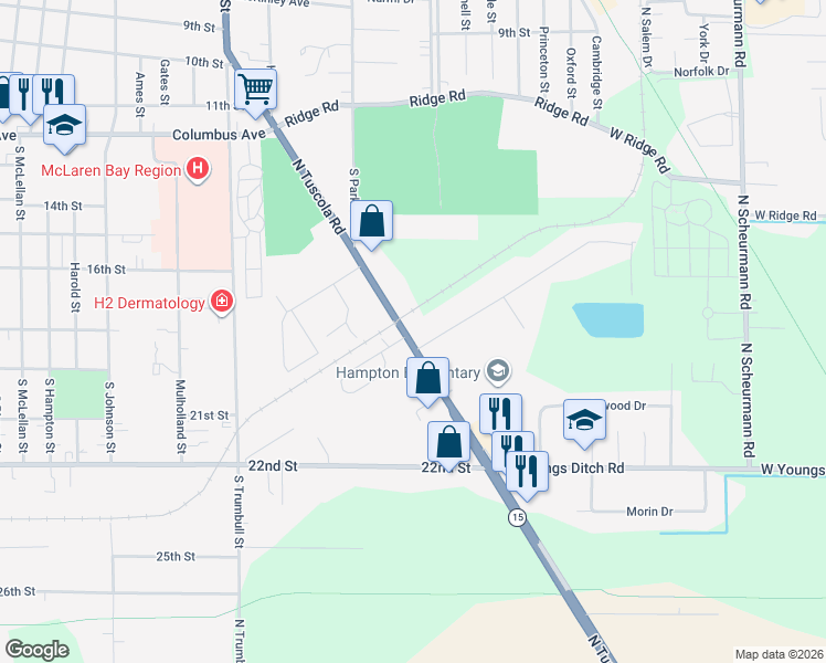 map of restaurants, bars, coffee shops, grocery stores, and more near 86 North Tuscola Road in Bay City
