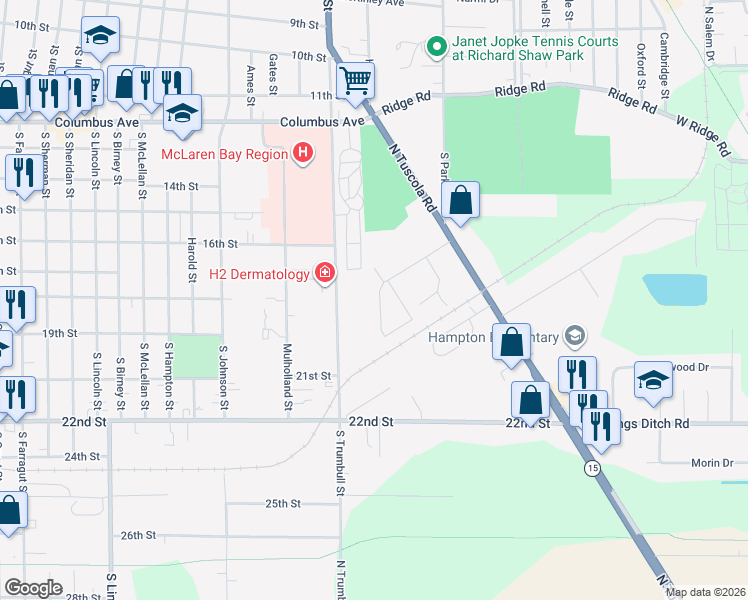 map of restaurants, bars, coffee shops, grocery stores, and more near 629 Spengler Drive in Bay City