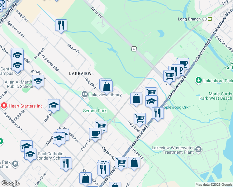 map of restaurants, bars, coffee shops, grocery stores, and more near 1131 Haig Boulevard in Mississauga