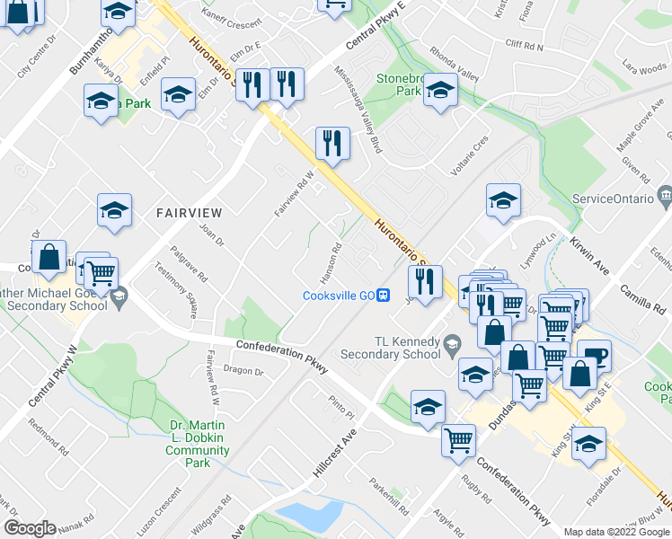 map of restaurants, bars, coffee shops, grocery stores, and more near 52 Surbray Grove in Mississauga