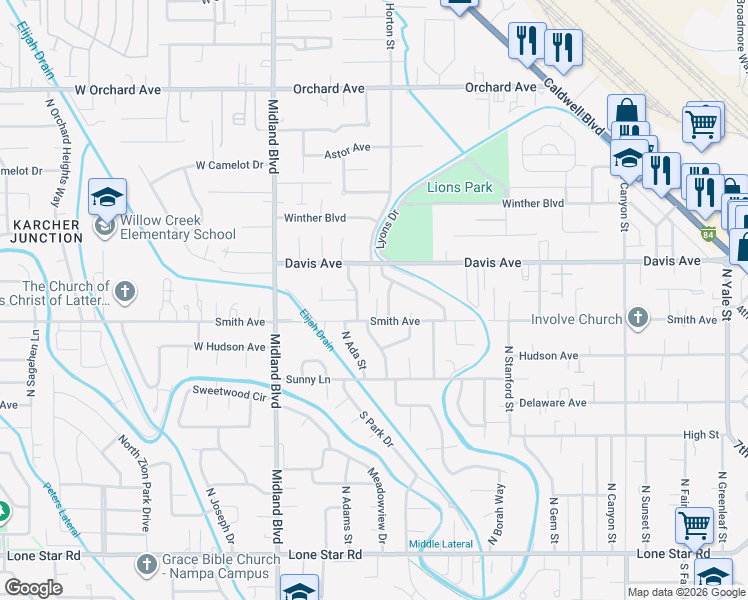 map of restaurants, bars, coffee shops, grocery stores, and more near 124 North Poplar Street in Nampa