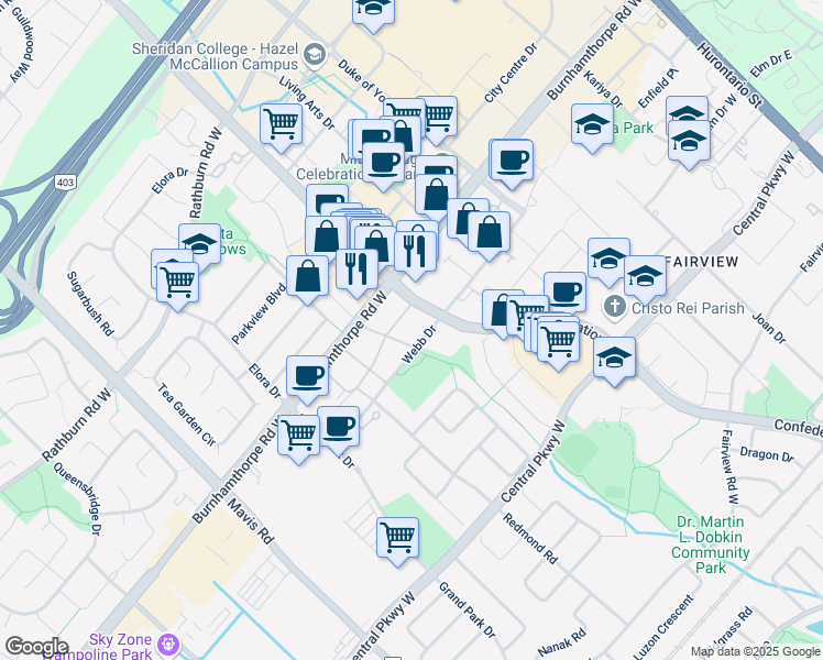 map of restaurants, bars, coffee shops, grocery stores, and more near in Mississauga