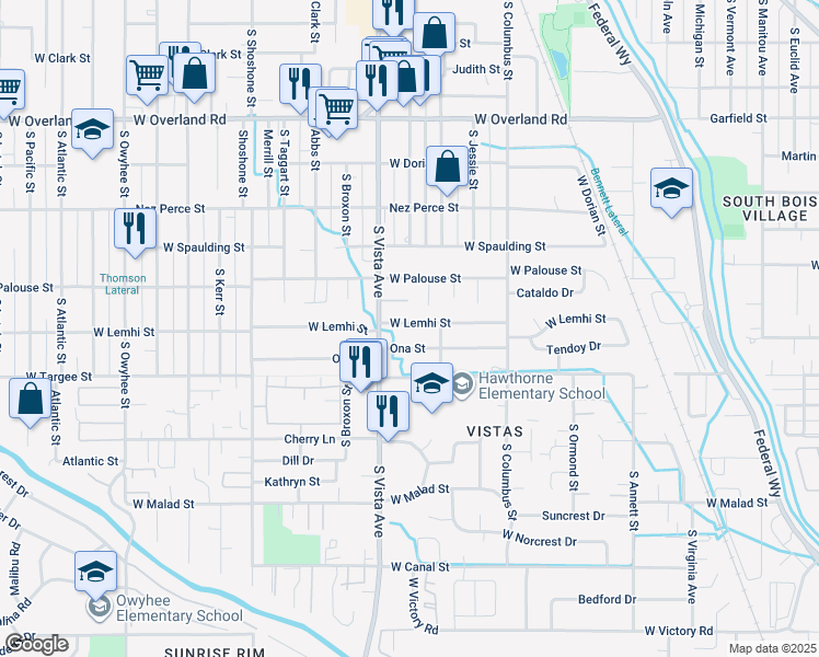 map of restaurants, bars, coffee shops, grocery stores, and more near 2423 Lemhi Street in Boise
