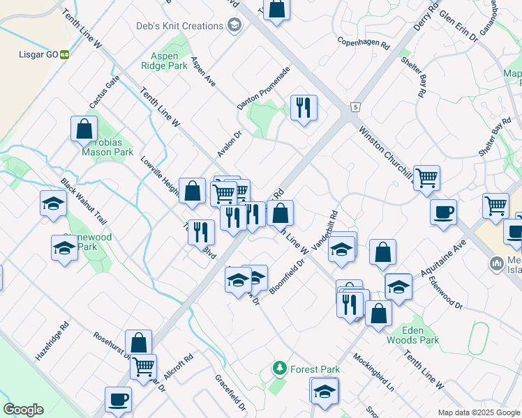 map of restaurants, bars, coffee shops, grocery stores, and more near Derry Rd W & Tenth Line W in Mississauga