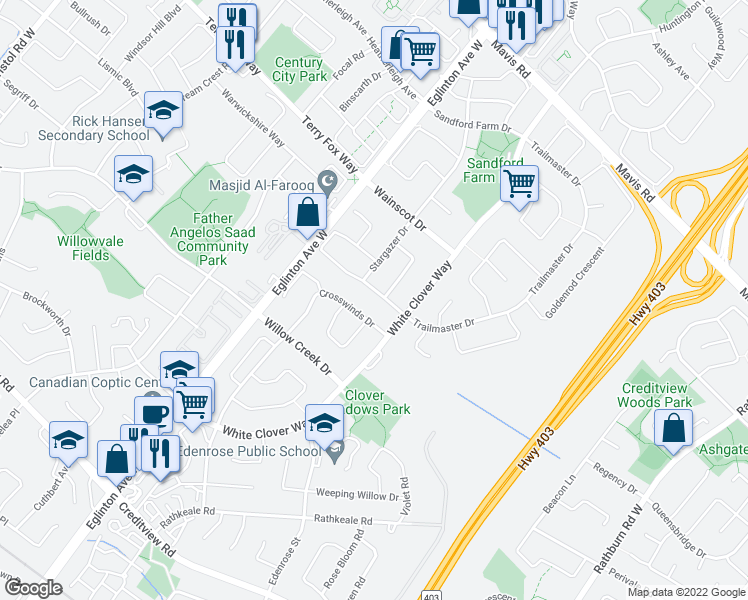 map of restaurants, bars, coffee shops, grocery stores, and more near 4556 Penhallow Road in Mississauga