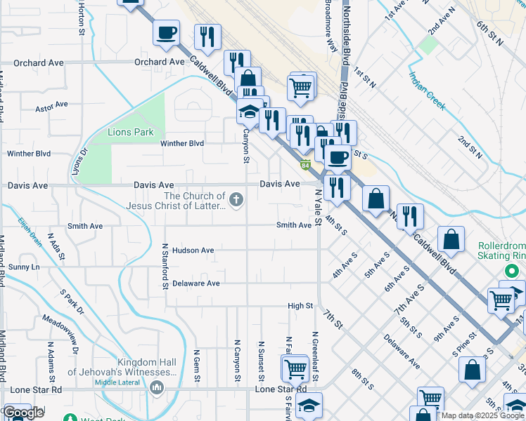 map of restaurants, bars, coffee shops, grocery stores, and more near 144 Smith Ave in Nampa