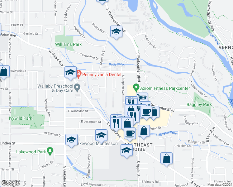 map of restaurants, bars, coffee shops, grocery stores, and more near 2230 South Amy Avenue in Boise