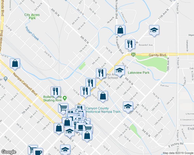 map of restaurants, bars, coffee shops, grocery stores, and more near 1011 4th Street North in Nampa