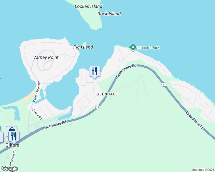 map of restaurants, bars, coffee shops, grocery stores, and more near 2131 Lake Shore Road in Gilford