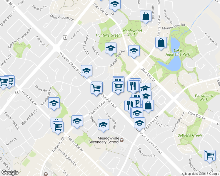 map of restaurants, bars, coffee shops, grocery stores, and more near 2929 Aquitaine Avenue in Mississauga