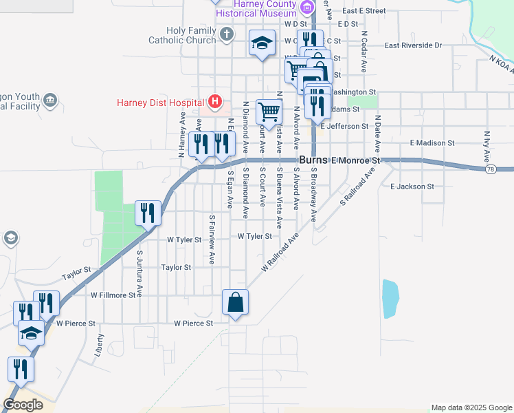 map of restaurants, bars, coffee shops, grocery stores, and more near 321 West Van Buren Street in Burns