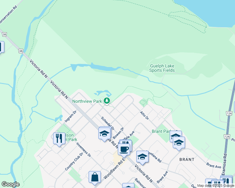 map of restaurants, bars, coffee shops, grocery stores, and more near 85 Mullin Drive in Guelph