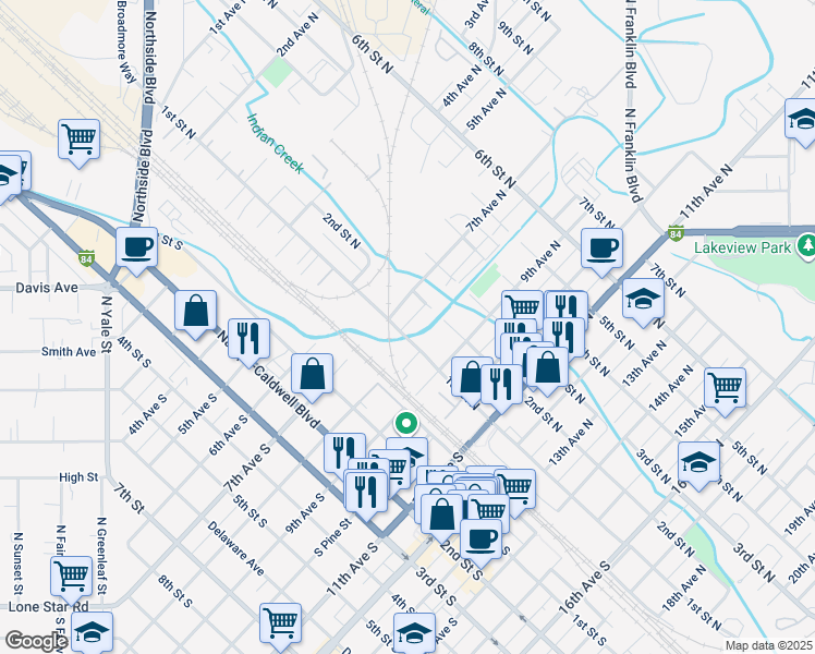 map of restaurants, bars, coffee shops, grocery stores, and more near 716 1st Street North in Nampa