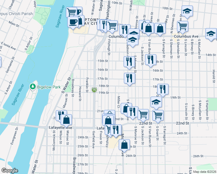 map of restaurants, bars, coffee shops, grocery stores, and more near 702 Fitzhugh Street in Bay City