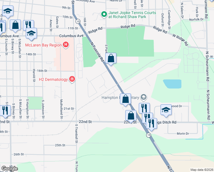map of restaurants, bars, coffee shops, grocery stores, and more near 81 Pinewood Court in Bay City