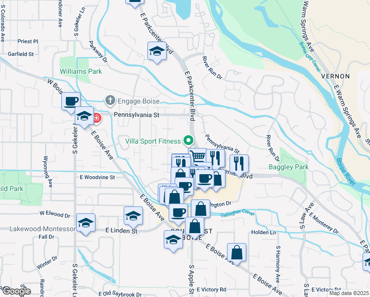 map of restaurants, bars, coffee shops, grocery stores, and more near 801 East Parkcenter Boulevard in Boise