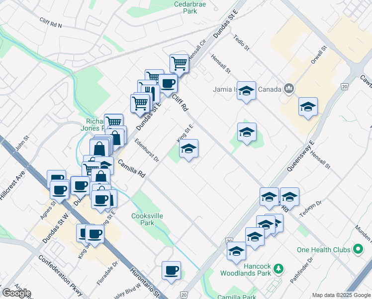 map of restaurants, bars, coffee shops, grocery stores, and more near 2498 Donnavale Drive in Mississauga