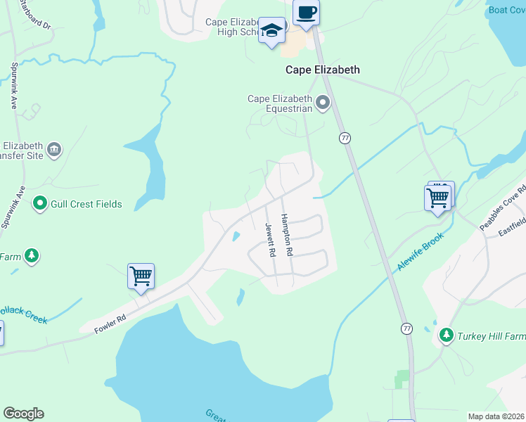 map of restaurants, bars, coffee shops, grocery stores, and more near 2 Jewett Road in Cape Elizabeth
