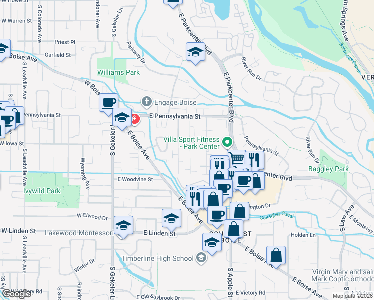 map of restaurants, bars, coffee shops, grocery stores, and more near 2230 South Amy Avenue in Boise