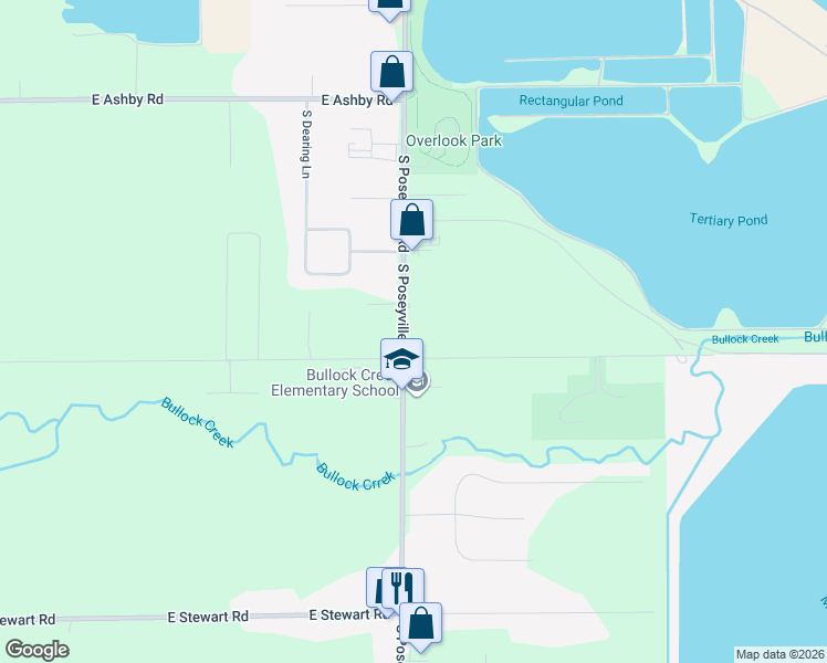 map of restaurants, bars, coffee shops, grocery stores, and more near 973 South Poseyville Road in Midland