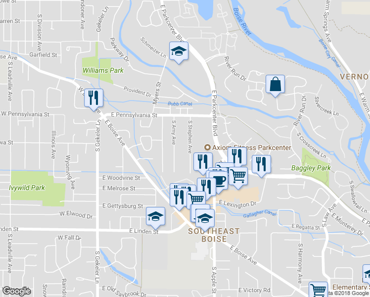 map of restaurants, bars, coffee shops, grocery stores, and more near 2230 South Amy Avenue in Boise
