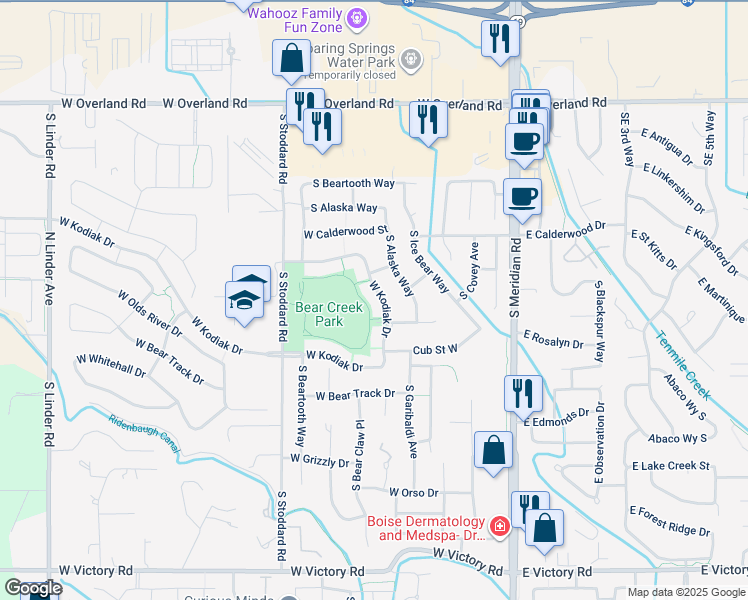 map of restaurants, bars, coffee shops, grocery stores, and more near 2255 South Bear Claw Way in Meridian
